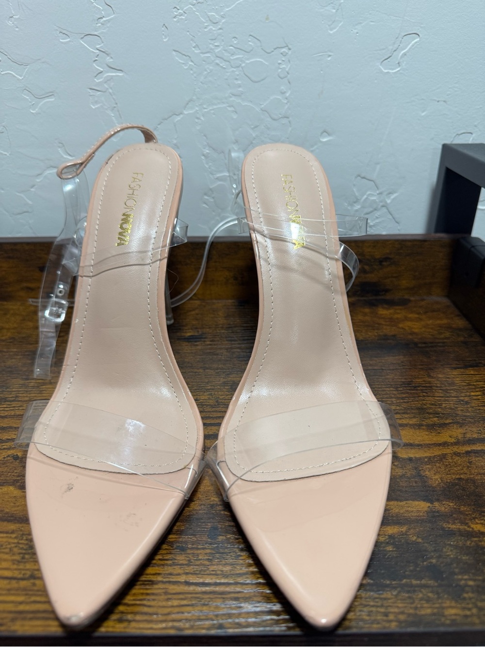 Fashion Nova Blush Nude Pointed Toe Heels with Clear Straps